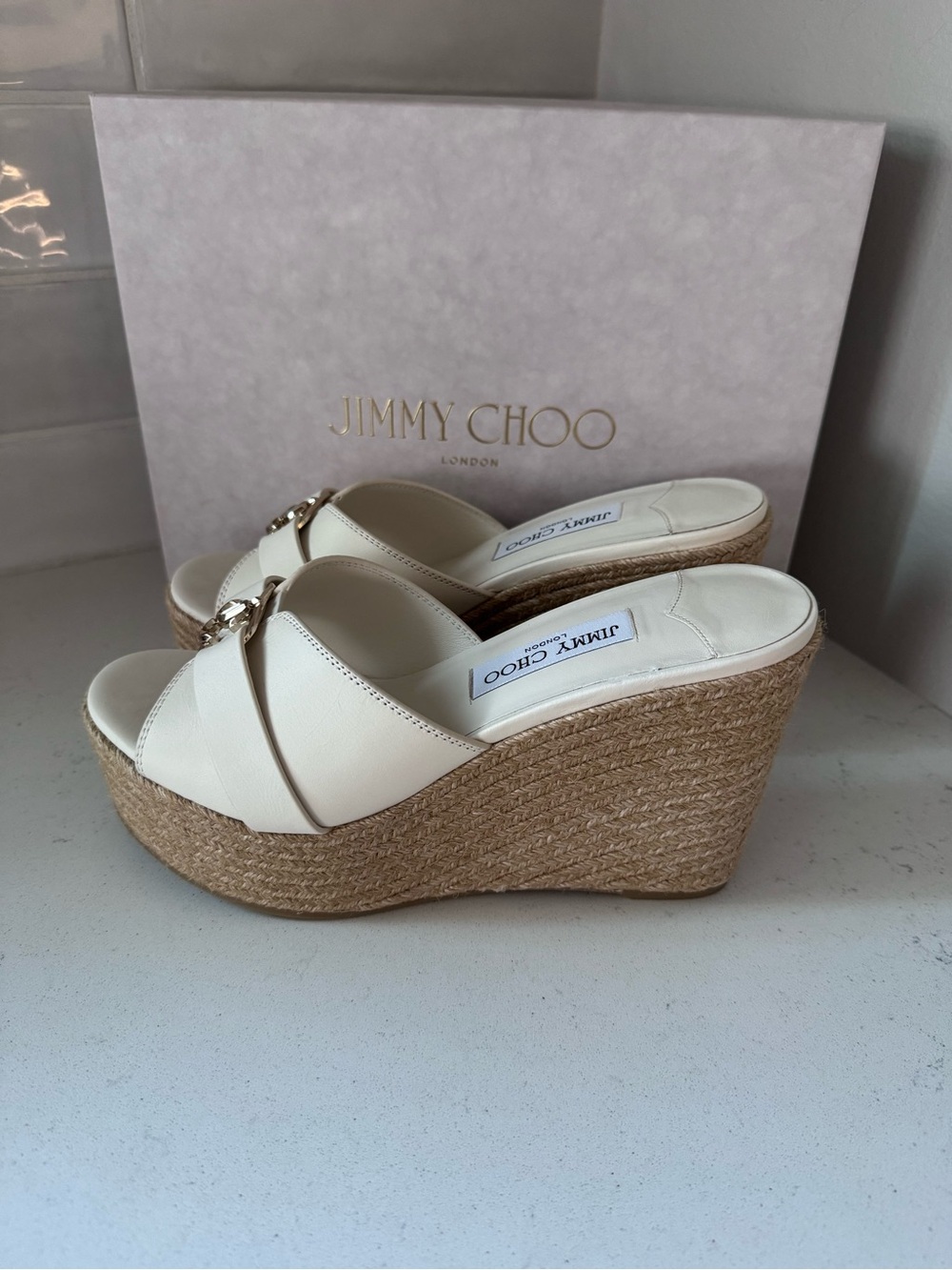 Jimmy Choo Cream Leather Espadrille Wedge Sandals